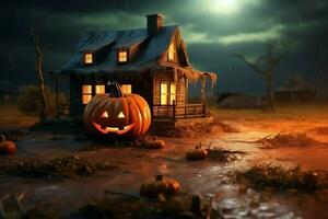 Scary pumpkin and house in night of full moon on halloween celebration concept. Spooky halloween background with pumpkin. Dirty house and pumpkin on halloween celebration concept by AI generated photo