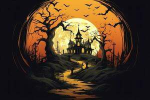 Scary pumpkin and house in night of full moon on halloween celebration concept. Spooky halloween background with pumpkin. Dirty house and pumpkin on halloween celebration concept by AI generated photo