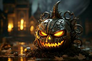 Scary pumpkin and house in night of full moon on halloween celebration concept. Spooky halloween background with pumpkin. Dirty house and pumpkin on halloween celebration concept by AI generated photo