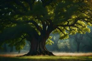 un grande árbol en el medio de un campo. generado por ai foto