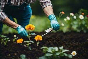 a man in blue gloves and gloves is working in the garden. AI-Generated photo