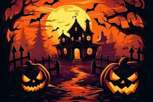 Scary pumpkin and house in night of full moon on halloween celebration concept. Spooky halloween background with pumpkin. Dirty house and pumpkin on halloween celebration concept by AI generated photo