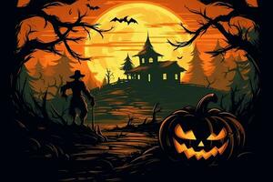 Scary pumpkin and house in night of full moon on halloween celebration concept. Spooky halloween background with pumpkin. Dirty house and pumpkin on halloween celebration concept by AI generated photo