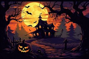 Scary pumpkin and house in night of full moon on halloween celebration concept. Spooky halloween background with pumpkin. Dirty house and pumpkin on halloween celebration concept by AI generated photo