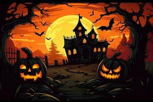 Scary pumpkin and house in night of full moon on halloween celebration concept. Spooky halloween background with pumpkin. Dirty house and pumpkin on halloween celebration concept by AI generated photo