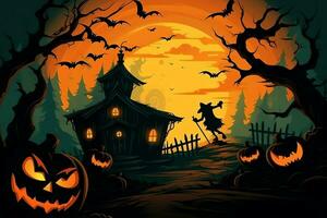 Scary pumpkin and house in night of full moon on halloween celebration concept. Spooky halloween background with pumpkin. Dirty house and pumpkin on halloween celebration concept by AI generated photo