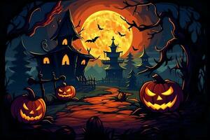 Scary pumpkin and house in night of full moon on halloween celebration concept. Spooky halloween background with pumpkin. Dirty house and pumpkin on halloween celebration concept by AI generated photo