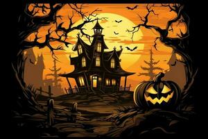 Scary pumpkin and house in night of full moon on halloween celebration concept. Spooky halloween background with pumpkin. Dirty house and pumpkin on halloween celebration concept by AI generated photo