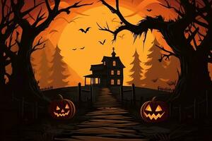 Scary pumpkin and house in night of full moon on halloween celebration concept. Spooky halloween background with pumpkin. Dirty house and pumpkin on halloween celebration concept by AI generated photo