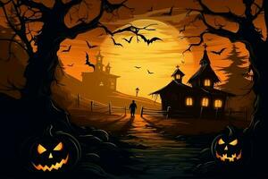 Scary pumpkin and house in night of full moon on halloween celebration concept. Spooky halloween background with pumpkin. Dirty house and pumpkin on halloween celebration concept by AI generated photo