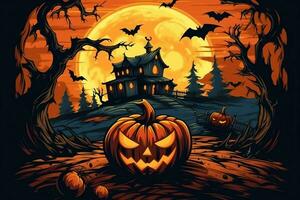 Scary pumpkin and house in night of full moon on halloween celebration concept. Spooky halloween background with pumpkin. Dirty house and pumpkin on halloween celebration concept by AI generated photo