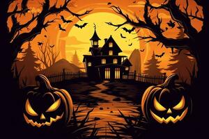 Scary pumpkin and house in night of full moon on halloween celebration concept. Spooky halloween background with pumpkin. Dirty house and pumpkin on halloween celebration concept by AI generated photo