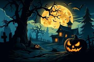 Scary pumpkin and house in night of full moon on halloween celebration concept. Spooky halloween background with pumpkin. Dirty house and pumpkin on halloween celebration concept by AI generated photo