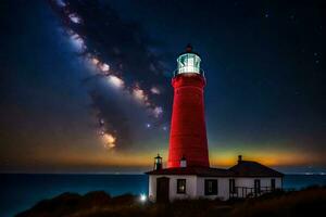 a lighthouse with a red roof and stars in the sky. AI-Generated photo
