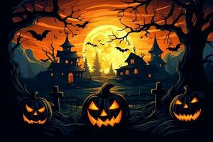 Scary pumpkin and house in night of full moon on halloween celebration concept. Spooky halloween background with pumpkin. Dirty house and pumpkin on halloween celebration concept by AI generated photo