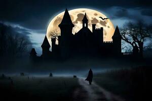halloween castle with a full moon in the background. AI-Generated photo