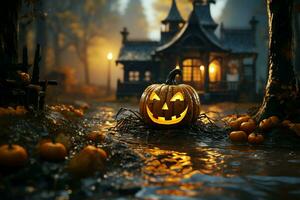 Scary pumpkin and house in night of full moon on halloween celebration concept. Spooky halloween background with pumpkin. Dirty house and pumpkin on halloween celebration concept by AI generated photo