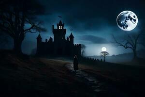 a woman walks down a path in front of a castle at night. AI-Generated photo