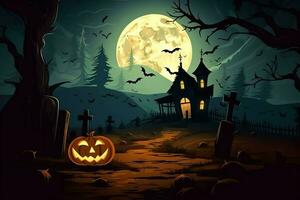 Scary pumpkin and house in night of full moon on halloween celebration concept. Spooky halloween background with pumpkin. Dirty house and pumpkin on halloween celebration concept by AI generated photo