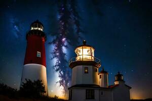 two white and red lighthouse towers under a starry sky. AI-Generated photo