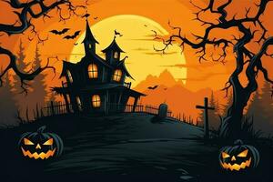 Scary pumpkin and house in night of full moon on halloween celebration concept. Spooky halloween background with pumpkin. Dirty house and pumpkin on halloween celebration concept by AI generated photo