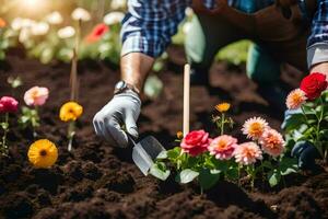 a man is planting flowers in the garden. AI-Generated photo