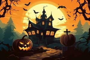 Scary pumpkin and house in night of full moon on halloween celebration concept. Spooky halloween background with pumpkin. Dirty house and pumpkin on halloween celebration concept by AI generated photo