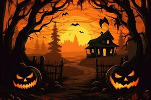 Scary pumpkin and house in night of full moon on halloween celebration concept. Spooky halloween background with pumpkin. Dirty house and pumpkin on halloween celebration concept by AI generated photo