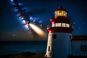 a lighthouse with a bright light shining over it. AI-Generated photo