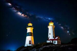two lighthouses are lit up under the night sky. AI-Generated photo