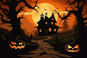 Scary pumpkin and house in night of full moon on halloween celebration concept. Spooky halloween background with pumpkin. Dirty house and pumpkin on halloween celebration concept by AI generated photo