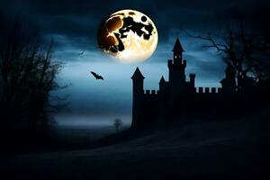 a castle with bats flying over it at night. AI-Generated photo