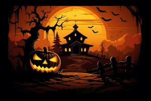 Scary pumpkin and house in night of full moon on halloween celebration concept. Spooky halloween background with pumpkin. Dirty house and pumpkin on halloween celebration concept by AI generated photo