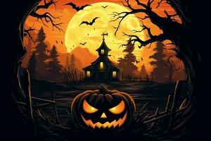 Scary pumpkin and house in night of full moon on halloween celebration concept. Spooky halloween background with pumpkin. Dirty house and pumpkin on halloween celebration concept by AI generated photo