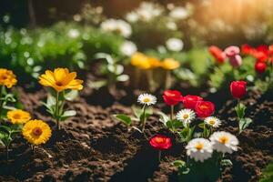 many different flowers are growing in the dirt. AI-Generated photo