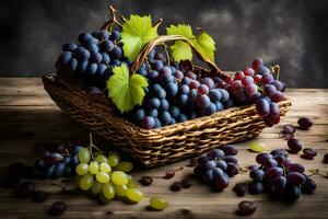 grapes in a basket on a wooden table. AI-Generated photo