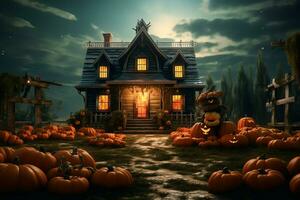 Haunted house on halloween celebration concept. Spooky house halloween background with deserted building and pumpkin. Scary house with creepy building at night by AI generated photo