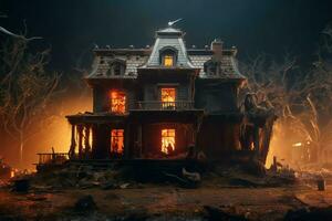 Haunted house on halloween celebration concept. Spooky house halloween background with deserted building and pumpkin. Scary house with creepy building at night by AI generated photo