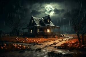 Haunted house on halloween celebration concept. Spooky house halloween background with deserted building and pumpkin. Scary house with creepy building at night by AI generated photo