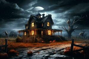 Haunted house on halloween celebration concept. Spooky house halloween background with deserted building and pumpkin. Scary house with creepy building at night by AI generated photo