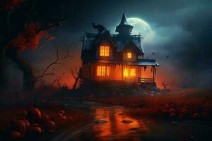 Haunted house on halloween celebration concept. Spooky house halloween background with deserted building and pumpkin. Scary house with creepy building at night by AI generated photo