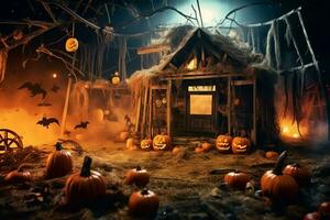 Haunted house on halloween celebration concept. Spooky house halloween background with deserted building and pumpkin. Scary house with creepy building at night by AI generated photo