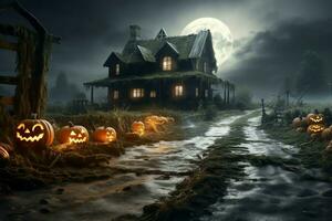 Haunted house on halloween celebration concept. Spooky house halloween background with deserted building and pumpkin. Scary house with creepy building at night by AI generated photo