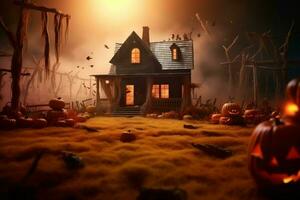 Haunted house on halloween celebration concept. Spooky house halloween background with deserted building and pumpkin. Scary house with creepy building at night by AI generated photo