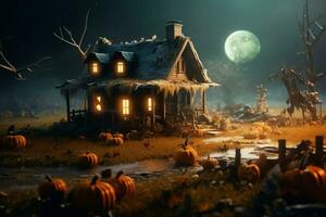 Haunted house on halloween celebration concept. Spooky house halloween background with deserted building and pumpkin. Scary house with creepy building at night by AI generated photo