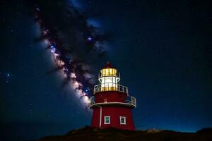 a red lighthouse with stars in the sky. AI-Generated photo
