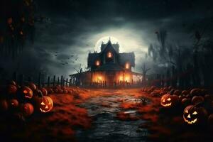 Haunted house on halloween celebration concept. Spooky house halloween background with deserted building and pumpkin. Scary house with creepy building at night by AI generated photo