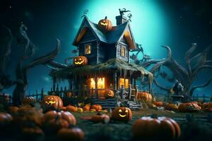 Haunted house on halloween celebration concept. Spooky house halloween background with deserted building and pumpkin. Scary house with creepy building at night by AI generated photo