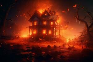 Haunted house on halloween celebration concept. Spooky house halloween background with deserted building and pumpkin. Scary house with creepy building at night by AI generated photo