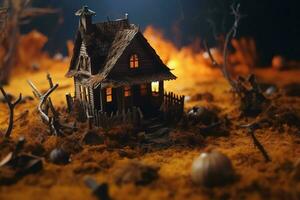 Haunted house on halloween celebration concept. Spooky house halloween background with deserted building and pumpkin. Scary house with creepy building at night by AI generated photo